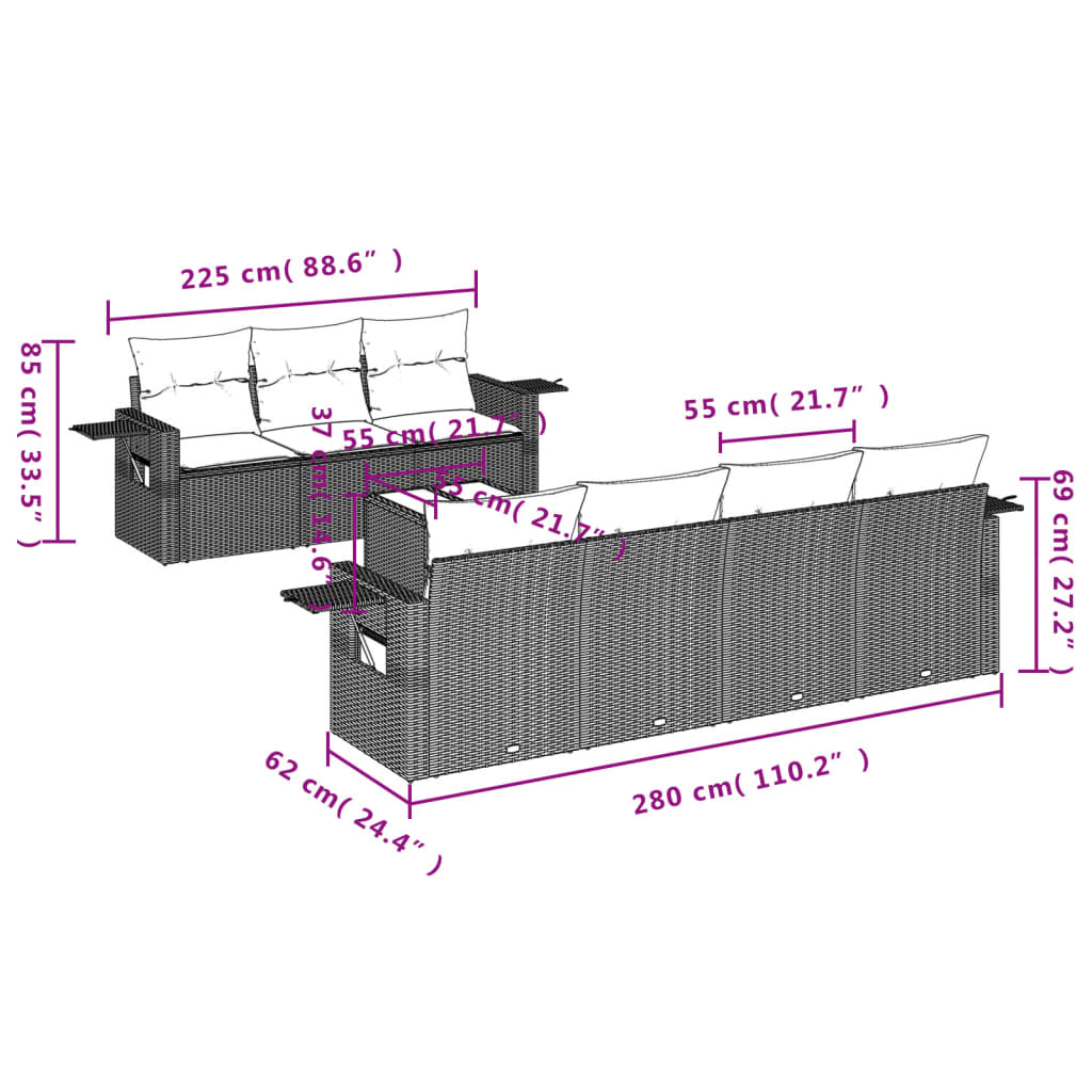 vidaXL 8-delige Loungeset met kussens poly rattan bruin