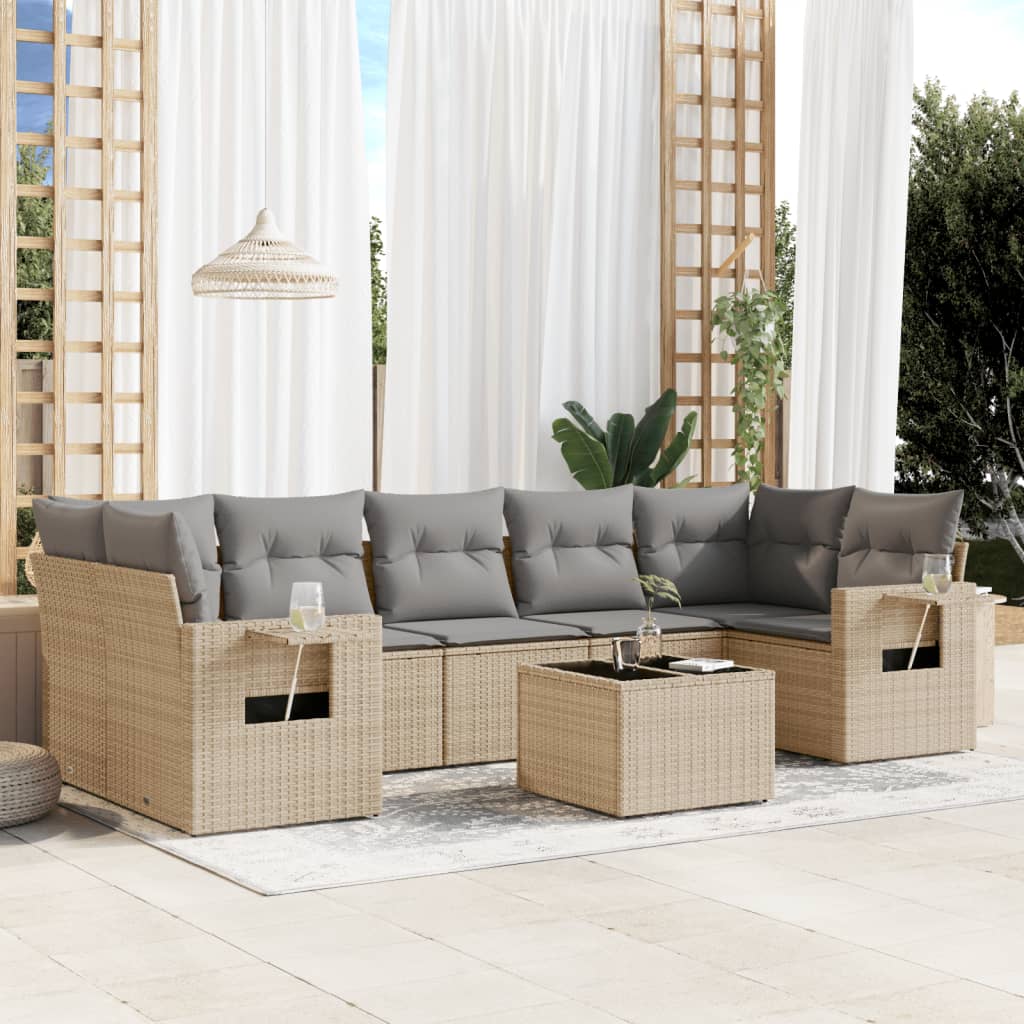 vidaXL 8-tlg. Garten-Sofagarnitur mit Kissen Beige Poly Rattan