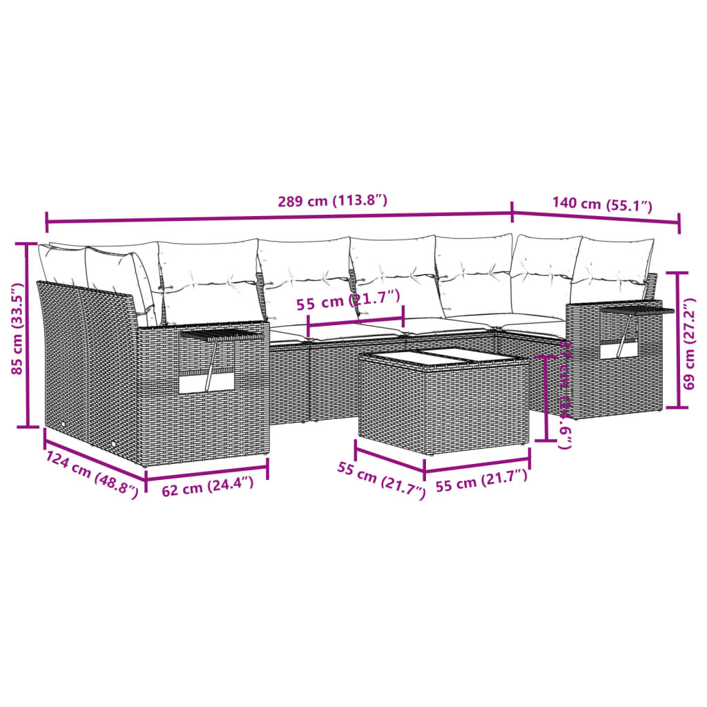 vidaXL 8-delige Loungeset met kussens poly rattan grijs afbeelding