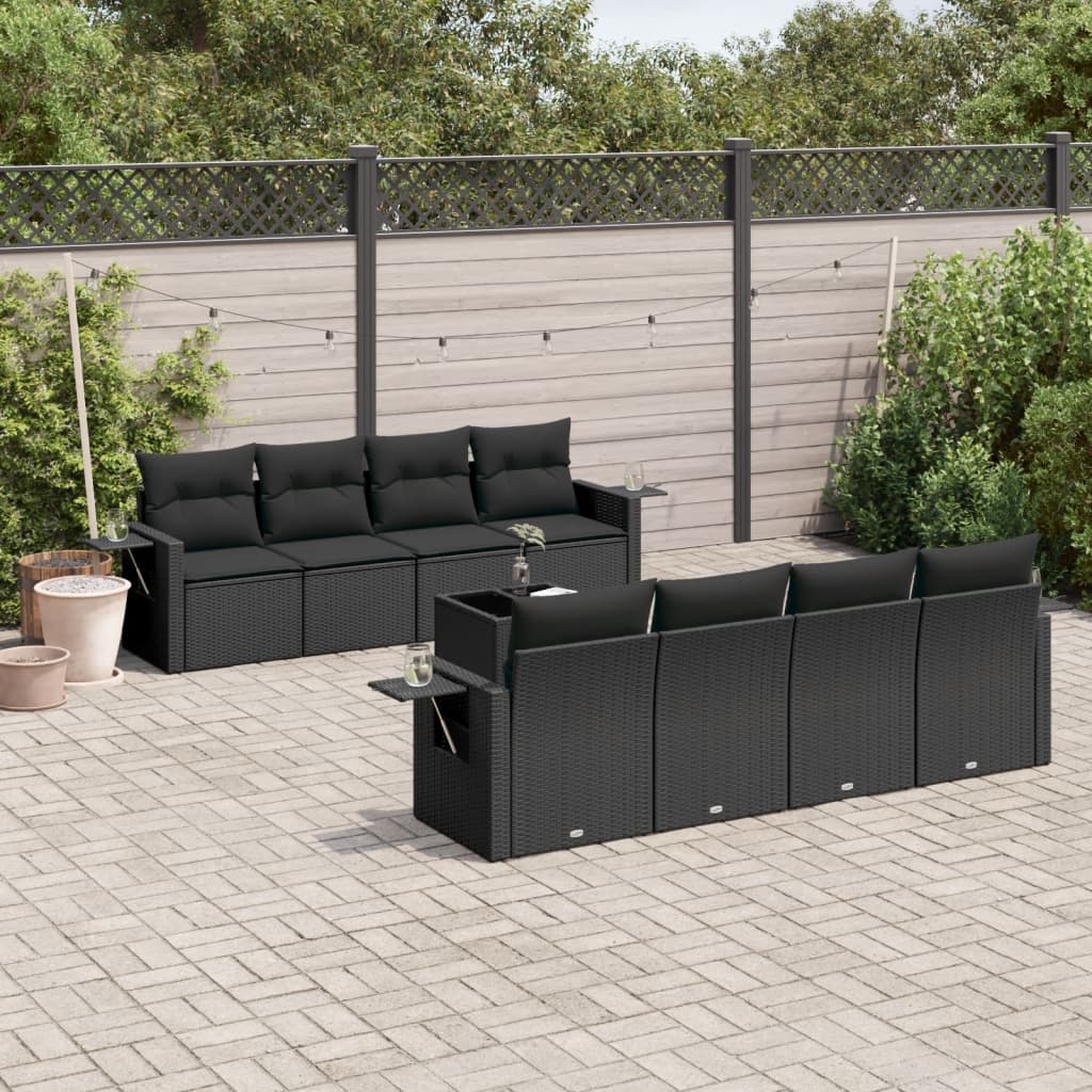 vidaXL 9-tlg. Garten-Sofagarnitur mit Kissen Schwarz Poly Rattan