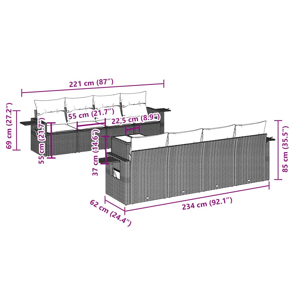 vidaXL 9-delige Loungeset met kussens poly rattan zwart afbeelding