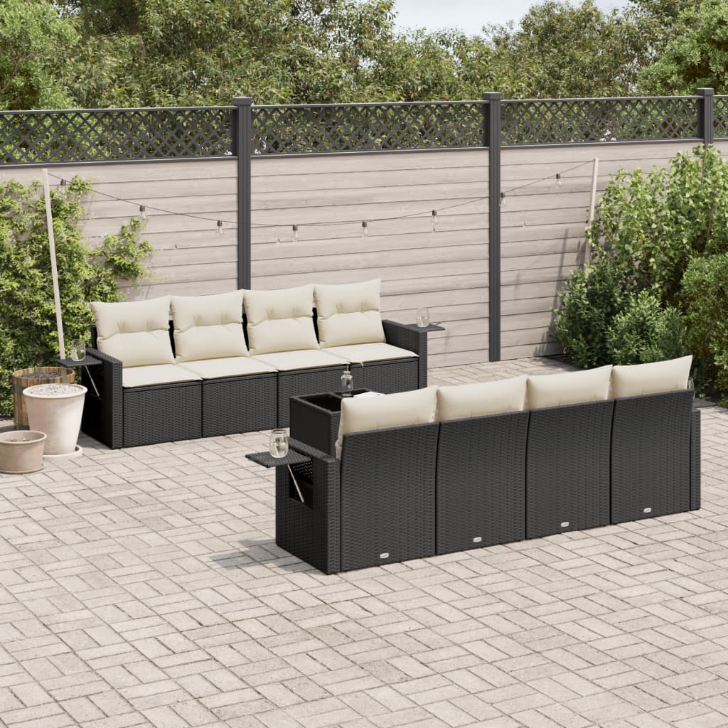 vidaXL 9-tlg. Garten-Sofagarnitur mit Kissen Schwarz Poly Rattan