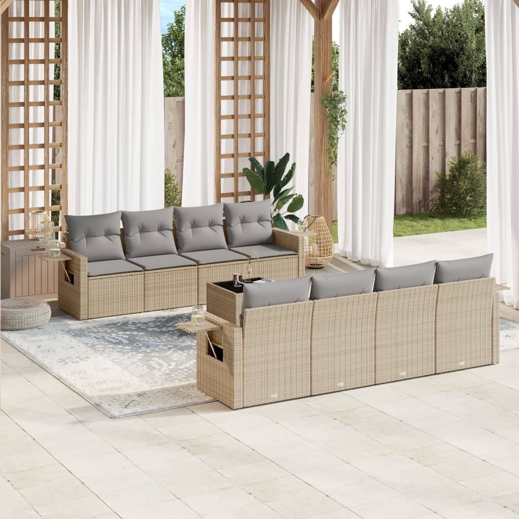 vidaXL 9-tlg. Garten-Sofagarnitur mit Kissen Beige Poly Rattan