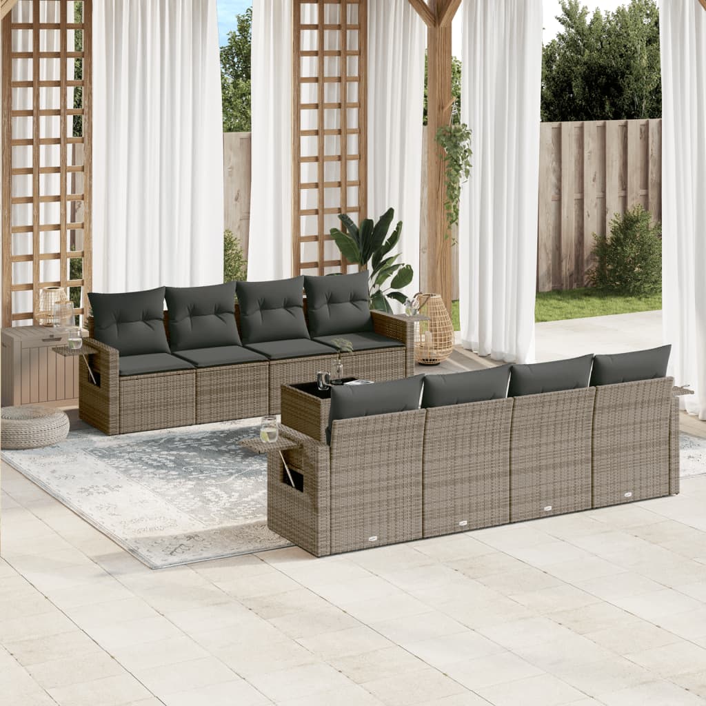 vidaXL 9-tlg. Garten-Sofagarnitur mit Kissen Grau Poly Rattan