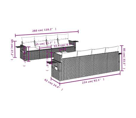 vidaXL 9-Hluta Gar&eth;s&oacute;fasett me&eth; Sessum Lj&oacute;sgr&aacute;r P&oacute;l&yacute;rattan