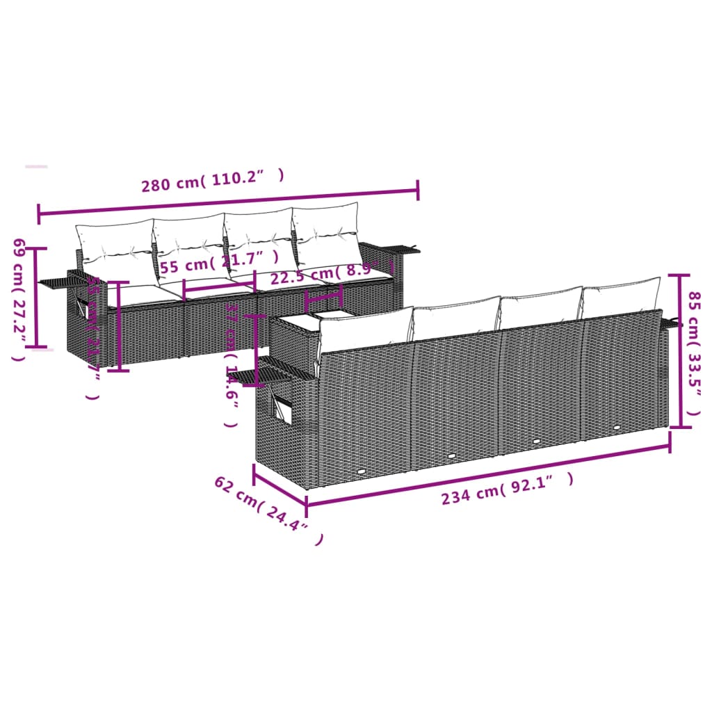 vidaXL 9-delige Loungeset met kussens poly rattan bruin