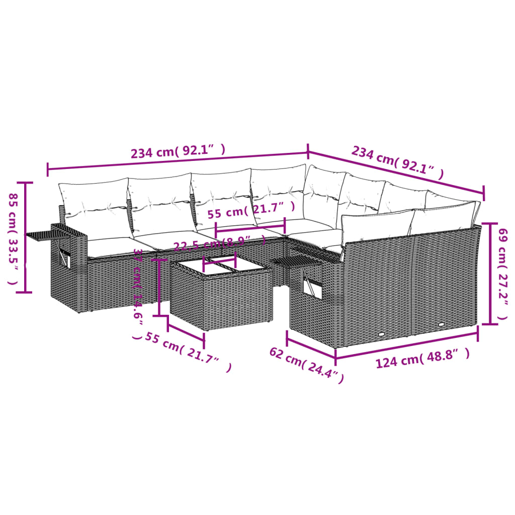 Set mobilier de grădină cu perne, 9 piese, negru, poliratan 3252292 - imagine 3