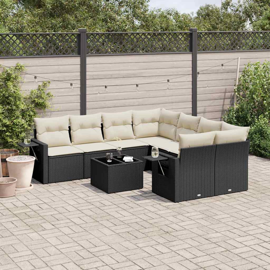 vidaXL 9-tlg. Garten-Sofagarnitur mit Kissen Schwarz Poly Rattan