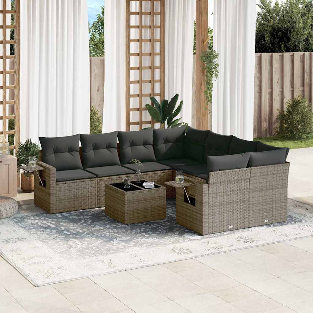 vidaXL 9-tlg. Garten-Sofagarnitur mit Kissen Grau Poly Rattan