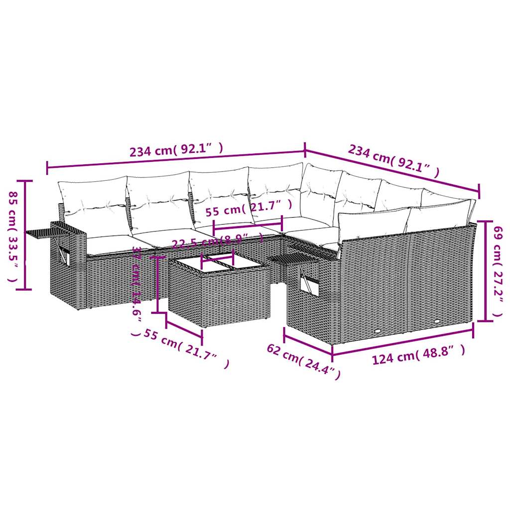 vidaXL 9-delige Loungeset met kussens poly rattan lichtgrijs afbeelding