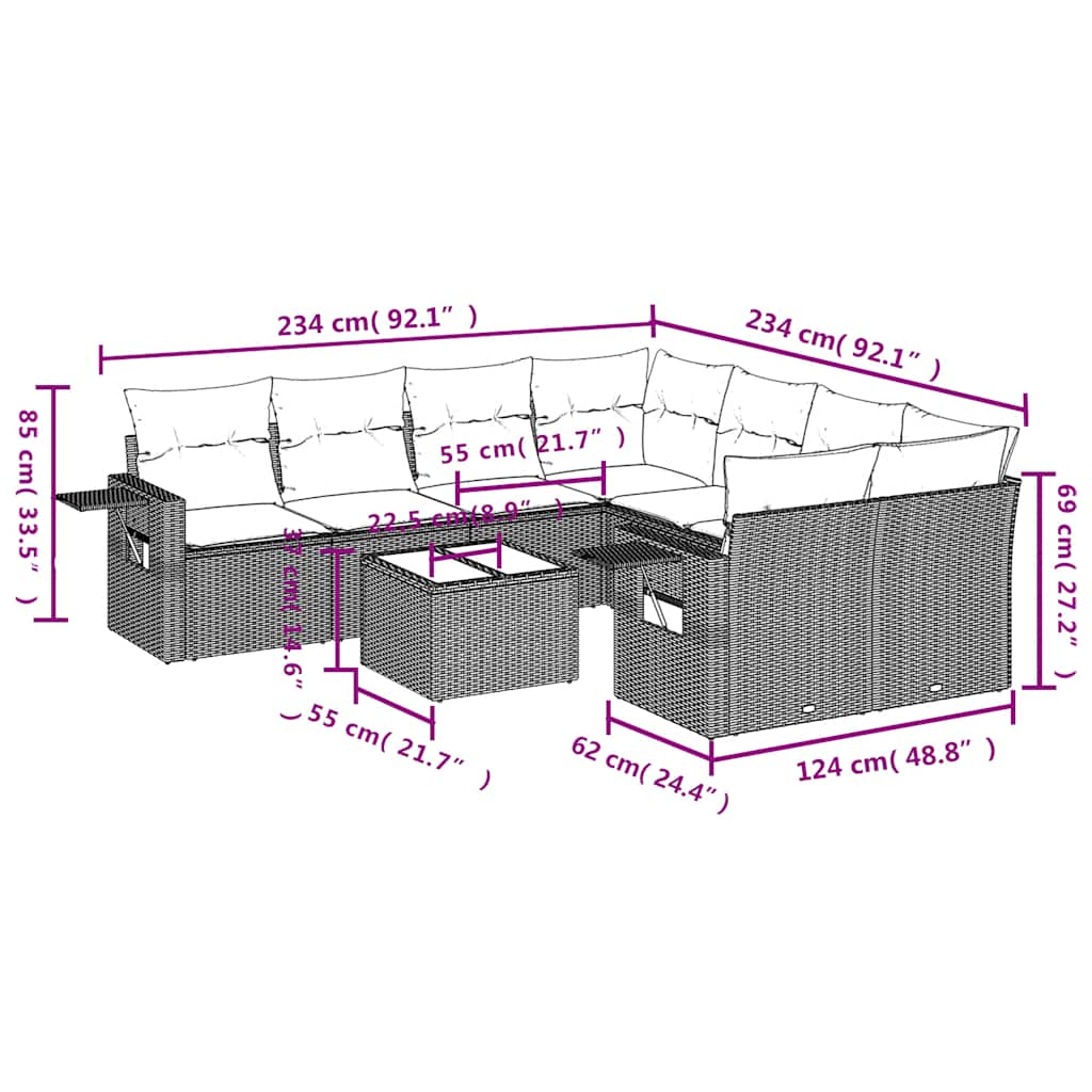 vidaXL 9-delige Loungeset met kussens poly rattan bruin