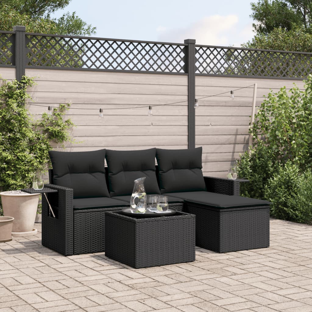 4-tlg. Garten-Sofagarnitur mit Kissen Schwarz Poly Rattan