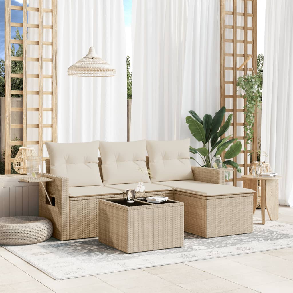 4-tlg. Garten-Sofagarnitur mit Kissen Beige Poly Rattan