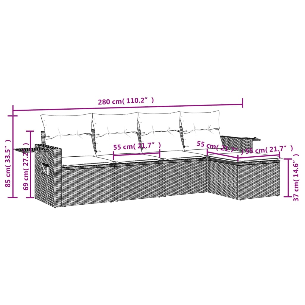 vidaXL 5-delige Loungeset met kussens poly rattan grijs afbeelding