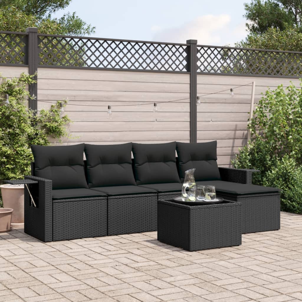 vidaXL 6-tlg. Garten-Sofagarnitur mit Kissen Schwarz Poly Rattan