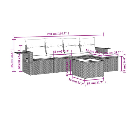 vidaXL 6-delige Loungeset met kussens poly rattan lichtgrijs