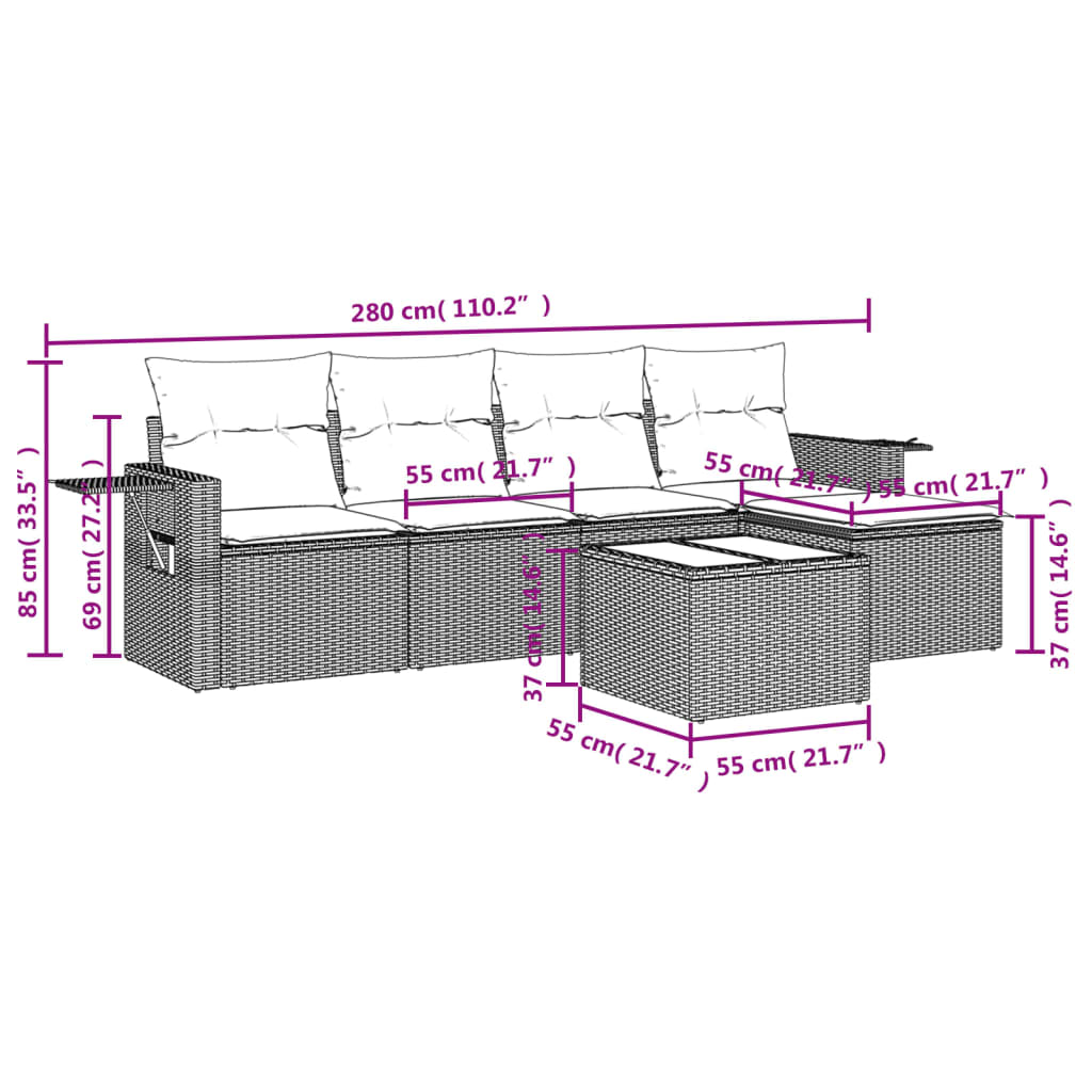 vidaXL 6-delige Loungeset met kussens poly rattan bruin