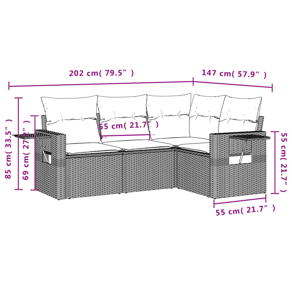 vidaXL 4-delige Loungeset met kussens poly rattan grijs afbeelding