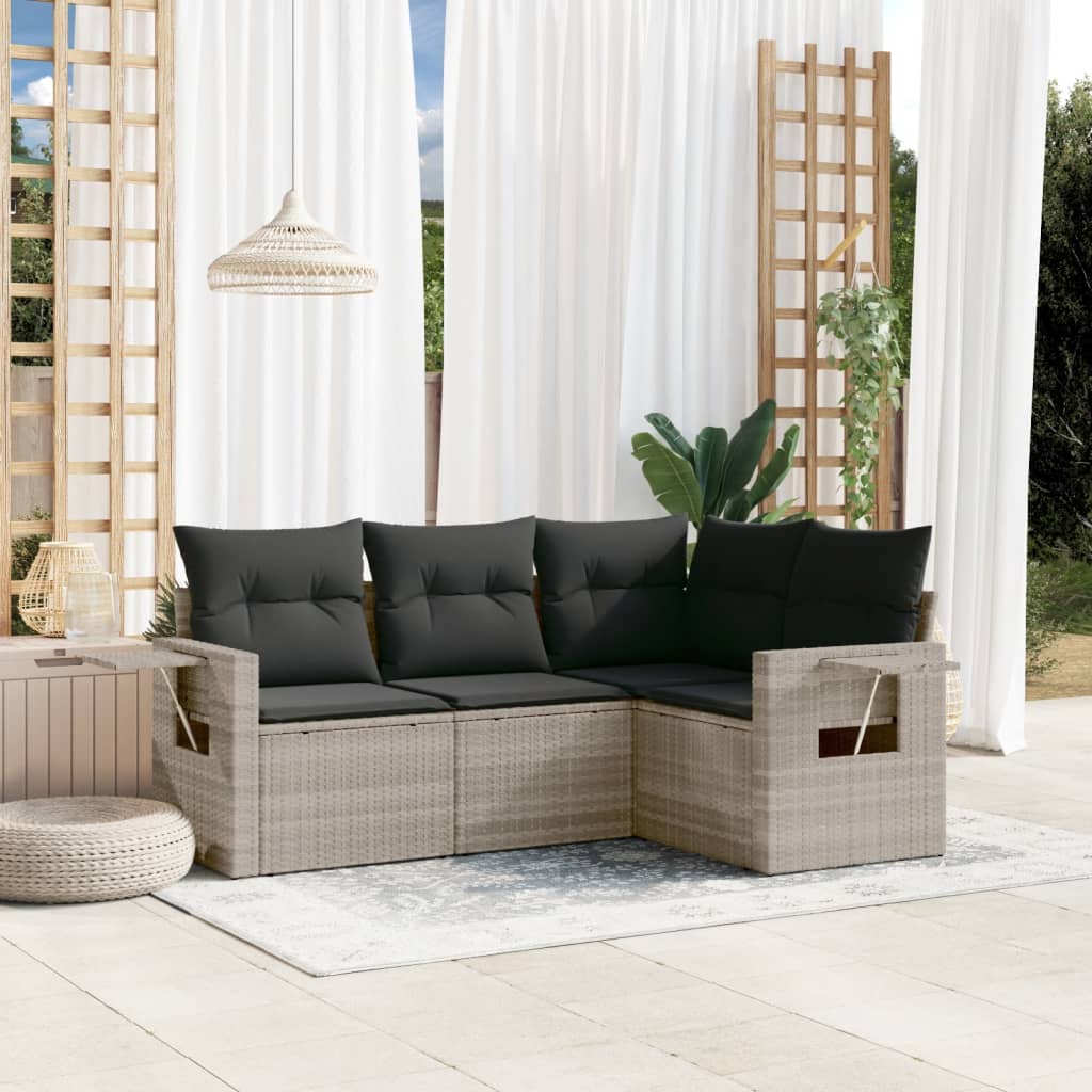 4-tlg. Garten-Sofagarnitur mit Kissen Hellgrau Poly Rattan