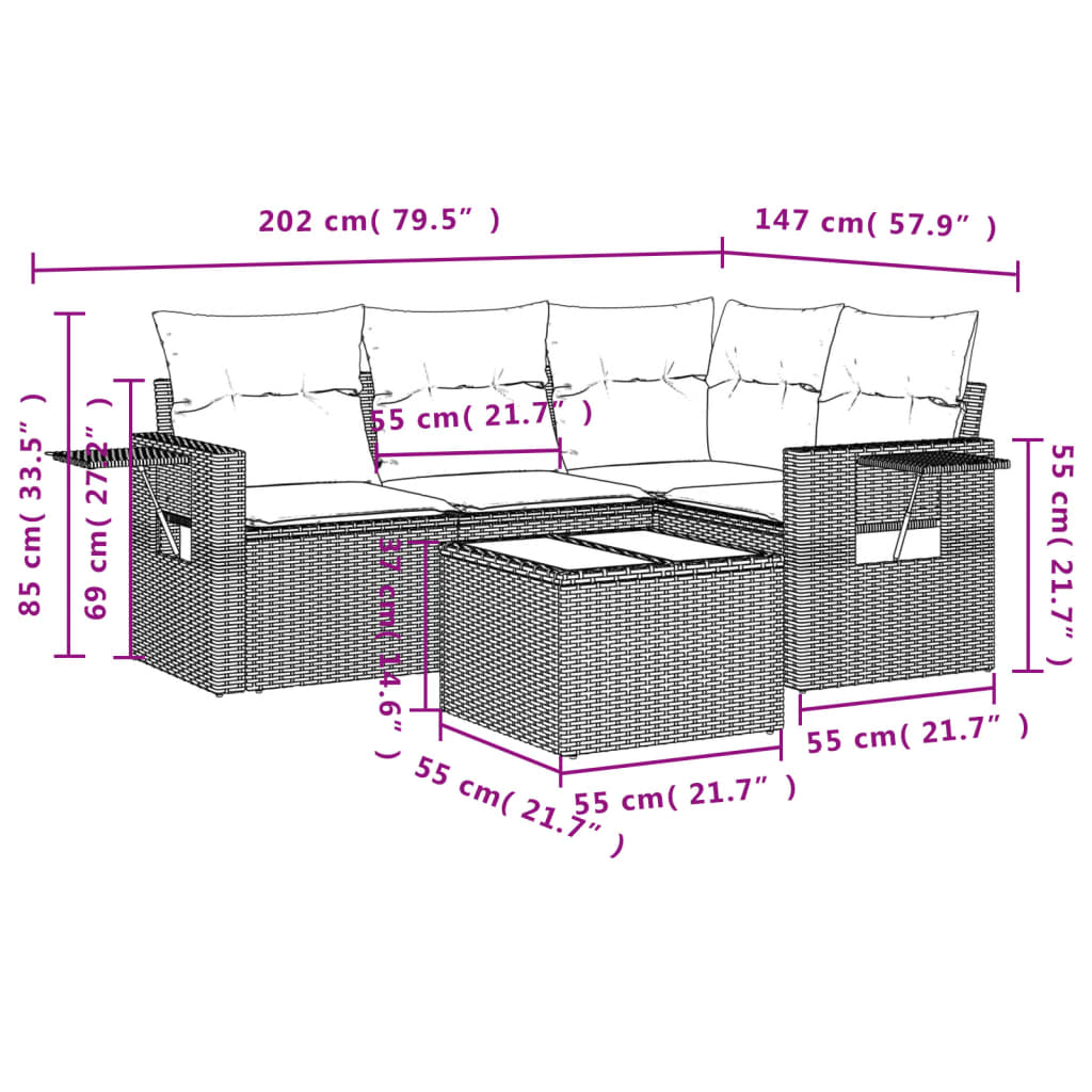 vidaXL 5-delige Loungeset met kussens poly rattan zwart afbeelding