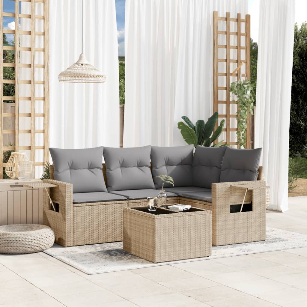 vidaXL 5-tlg. Garten-Sofagarnitur mit Kissen Beige Poly Rattan