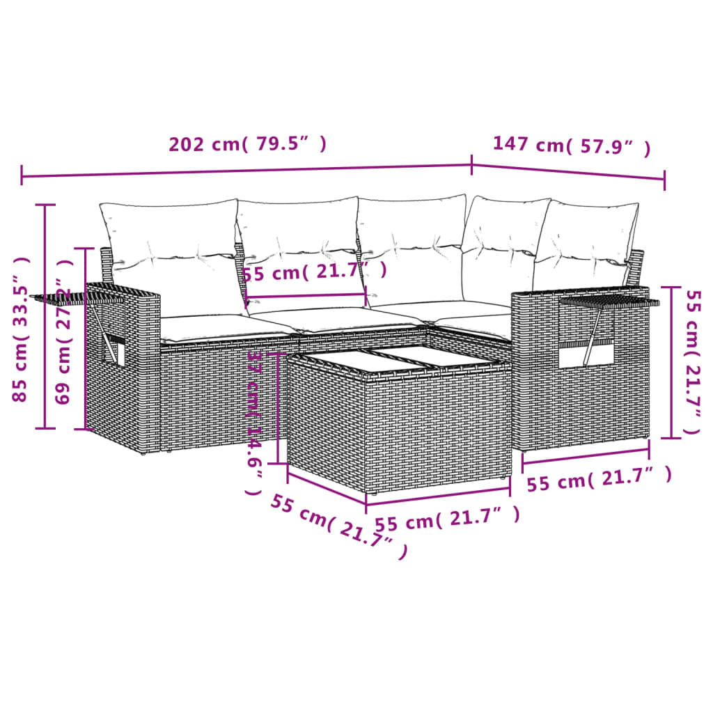 vidaXL 5-delige Loungeset met kussens poly rattan grijs afbeelding