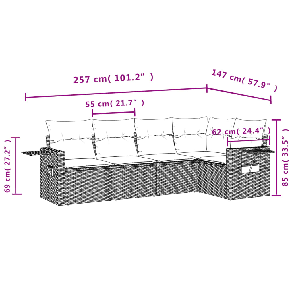 vidaXL 5-delige Loungeset met kussens poly rattan beige afbeelding