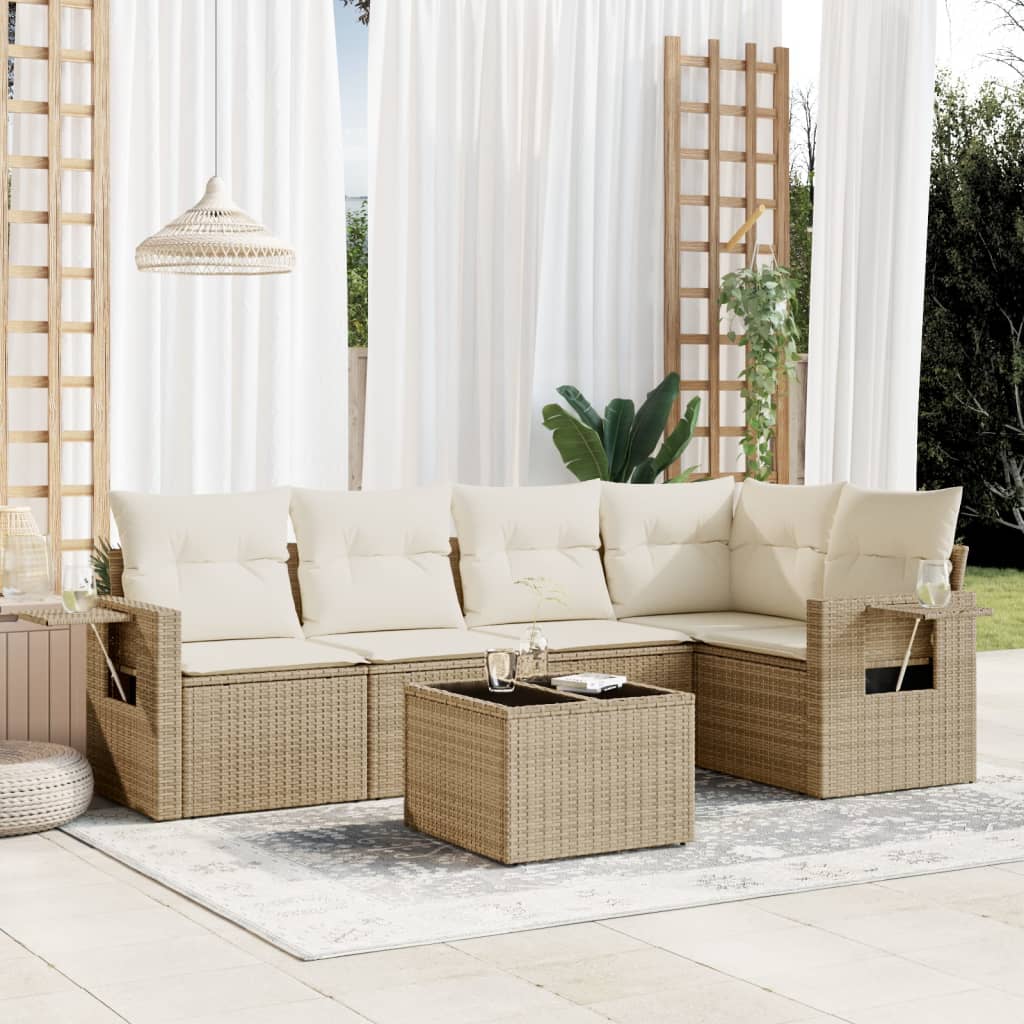 vidaXL 6-tlg. Garten-Sofagarnitur mit Kissen Beige Poly Rattan