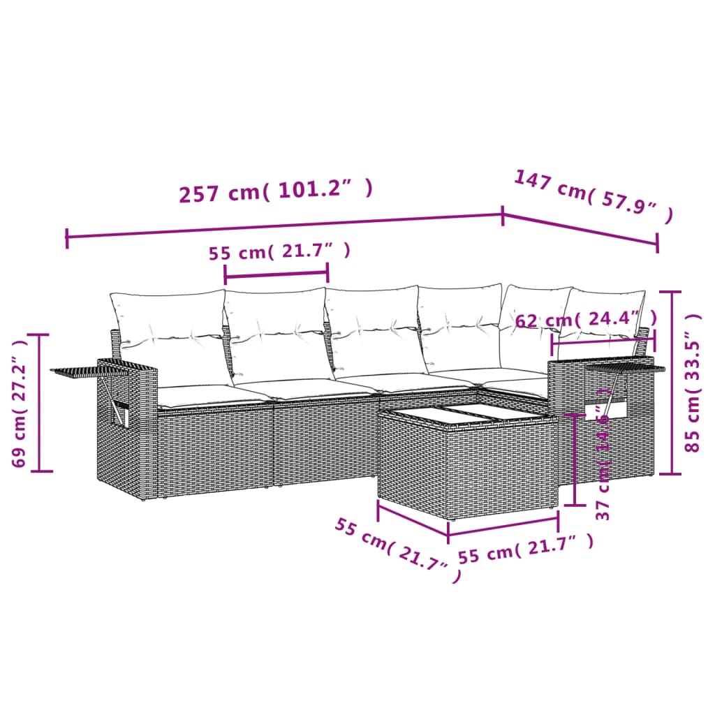 vidaXL 6-delige Loungeset met kussens poly rattan beige