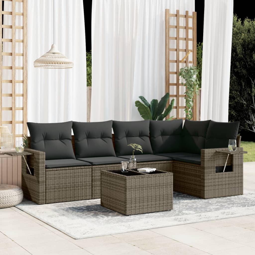 vidaXL 6-tlg. Garten-Sofagarnitur mit Kissen Grau Poly Rattan