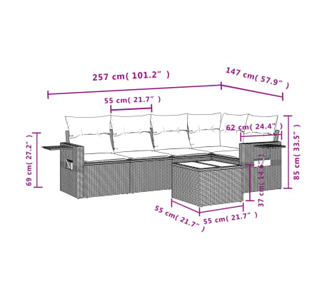 vidaXL 6-delige Loungeset met kussens poly rattan lichtgrijs