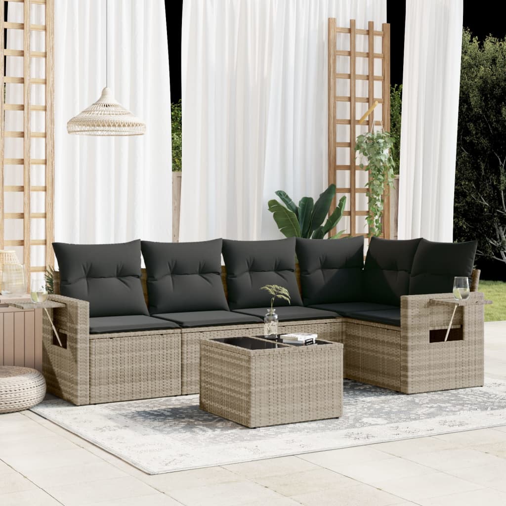 vidaXL 6-tlg. Garten-Sofagarnitur mit Kissen Hellgrau Poly Rattan