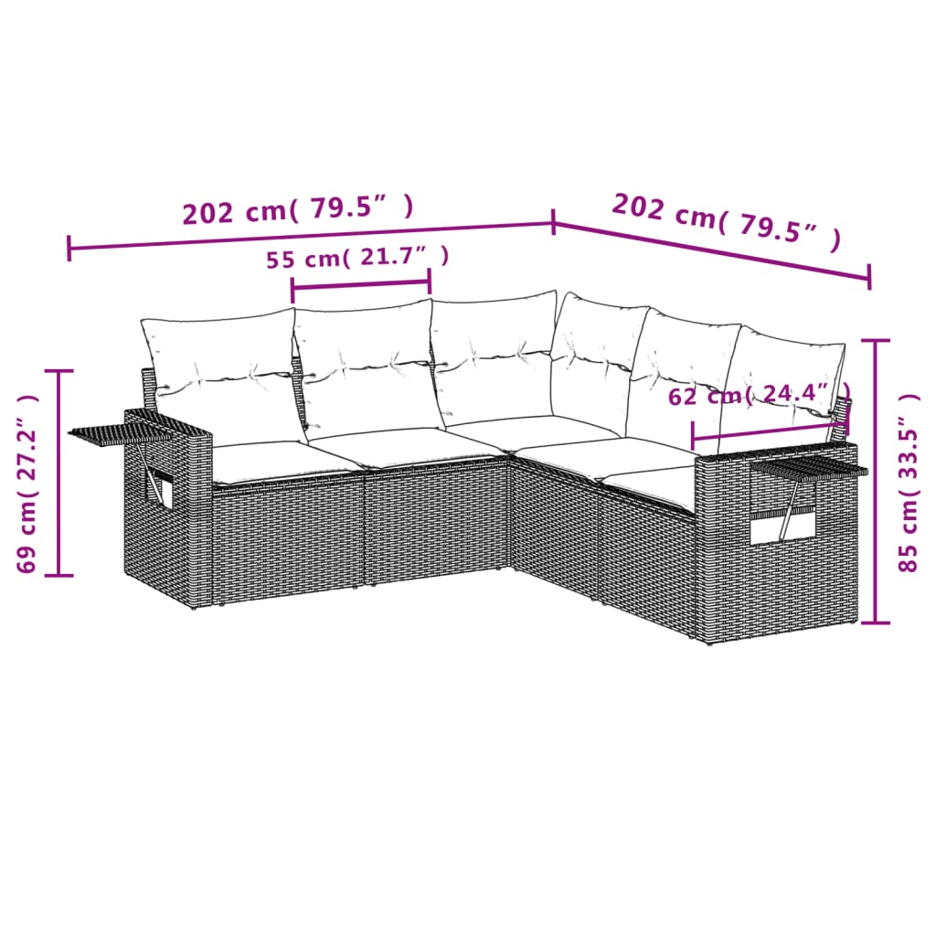 vidaXL 5-delige Loungeset met kussens poly rattan beige afbeelding