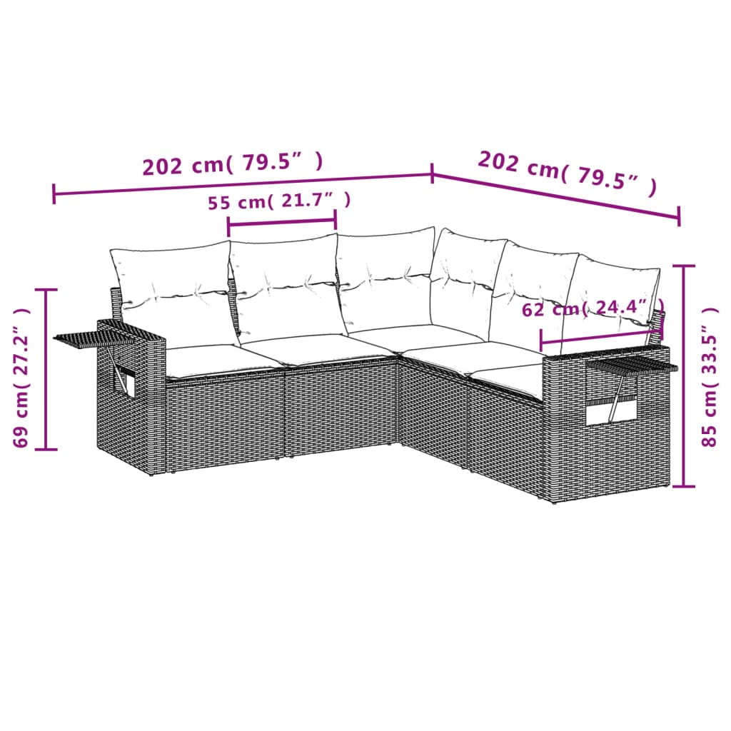 vidaXL 5-delige Loungeset met kussens poly rattan beige afbeelding