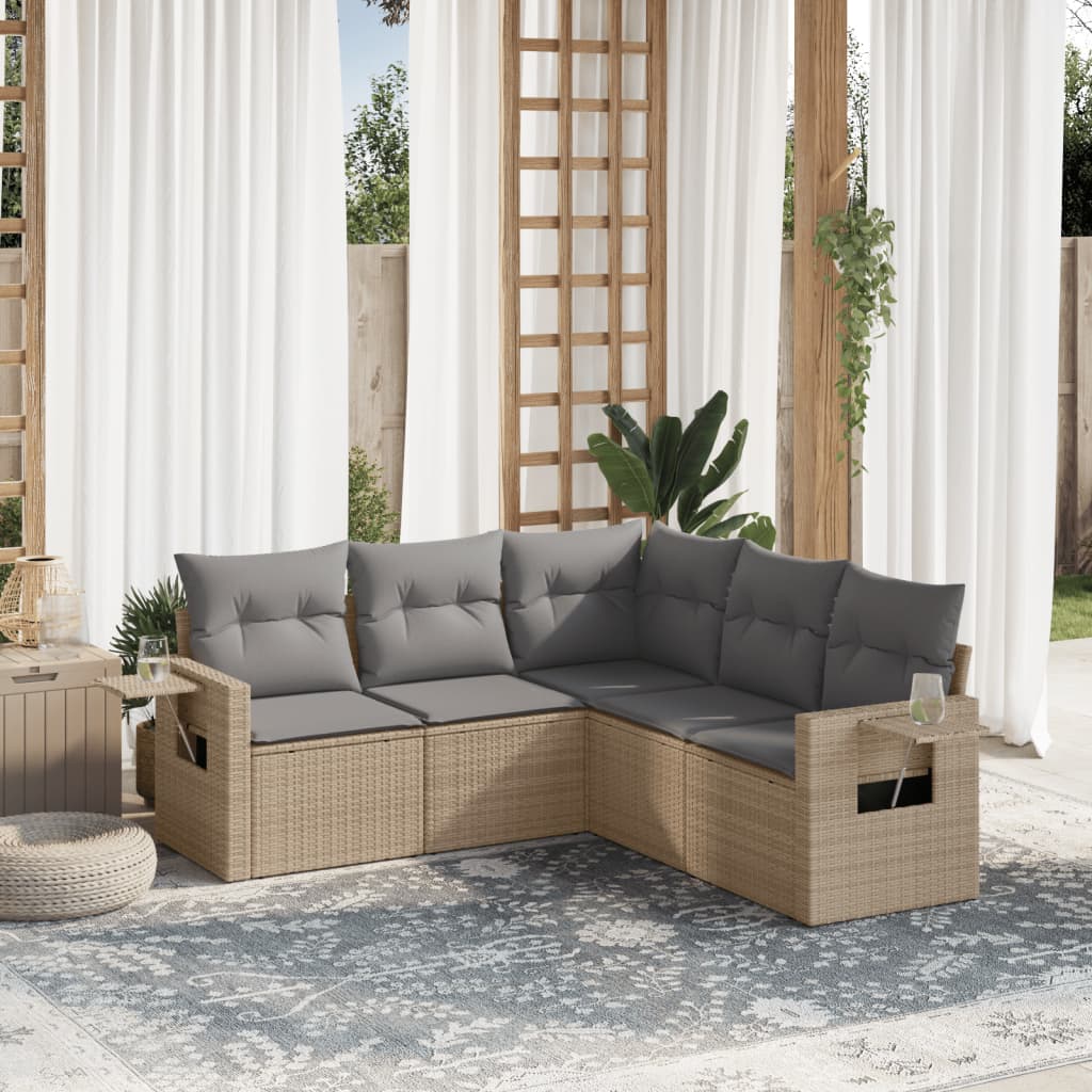 vidaXL 5-tlg. Garten-Sofagarnitur mit Kissen Beige Poly Rattan