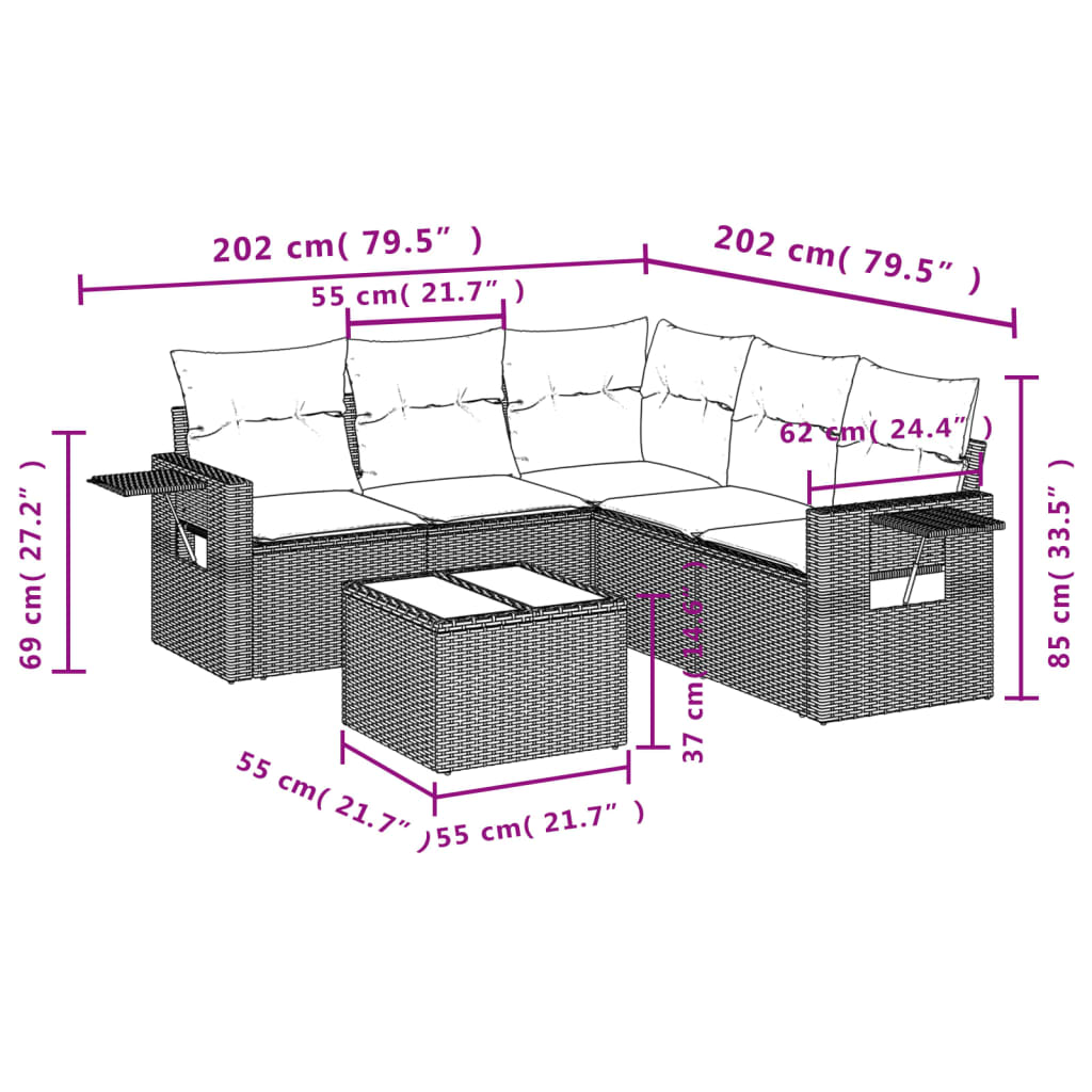 vidaXL 6-delige Loungeset met kussens poly rattan beige