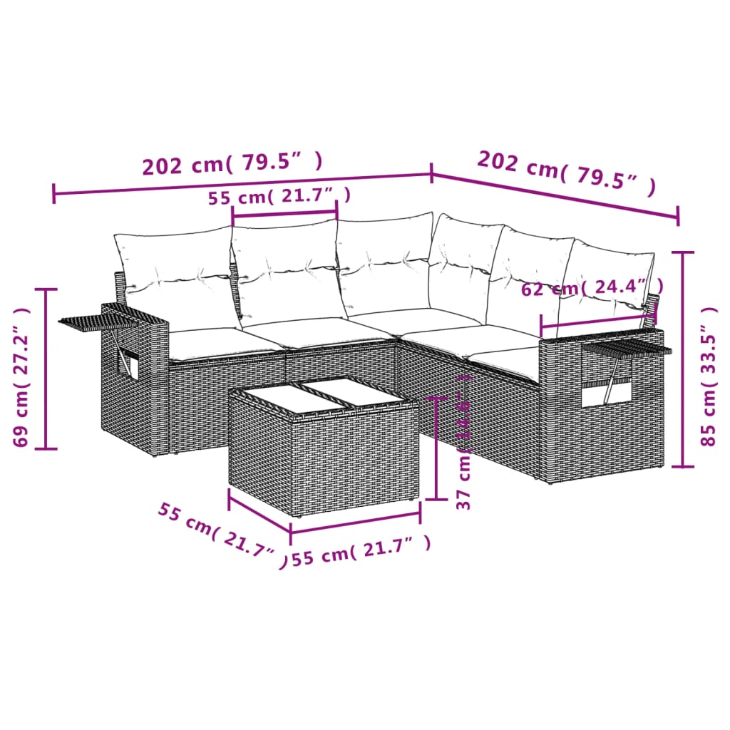 vidaXL 6-delige Loungeset met kussens poly rattan bruin