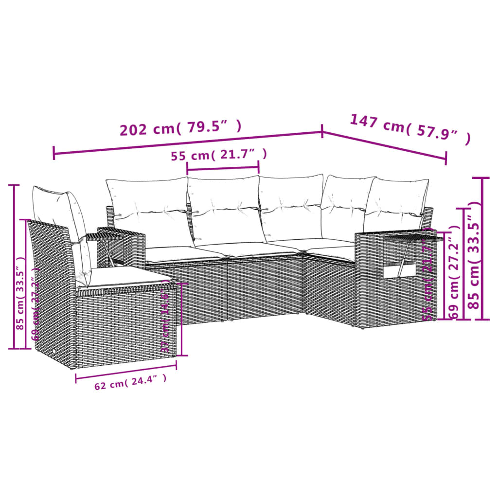 Set mobilier de grădină cu perne, 5 piese, negru, poliratan 3252503 - imagine 3