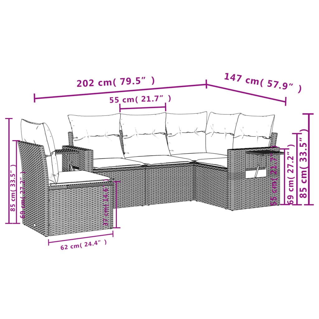 vidaXL 5-delige Loungeset met kussens poly rattan beige afbeelding