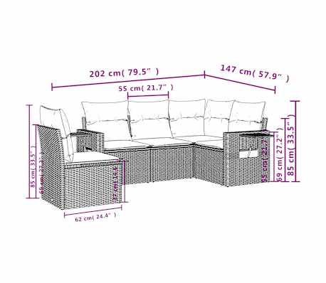 vidaXL 5-delige Loungeset met kussens poly rattan lichtgrijs
