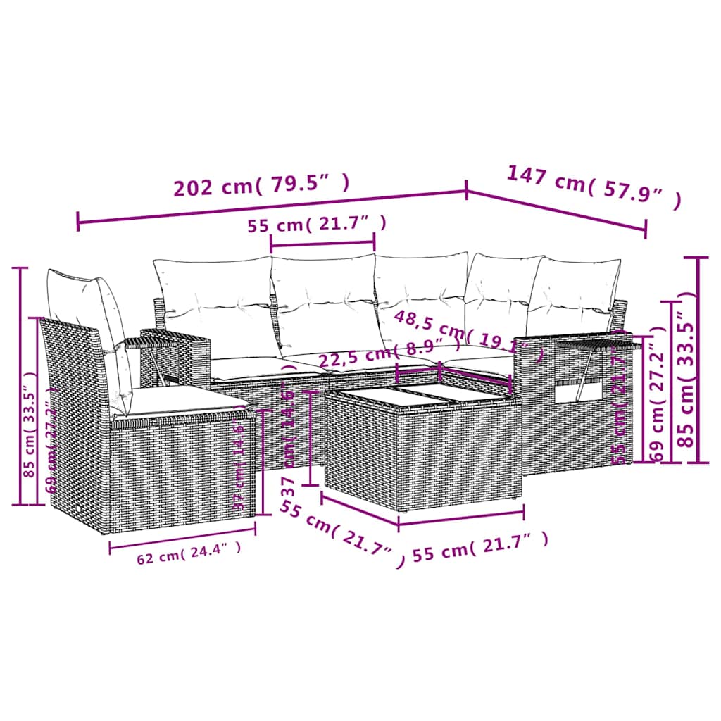 Set mobilier de grădină cu perne, 6 piese, negru, poliratan 3252512 - imagine 3