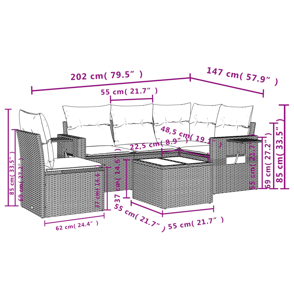 vidaXL 6-delige Loungeset met kussens poly rattan beige