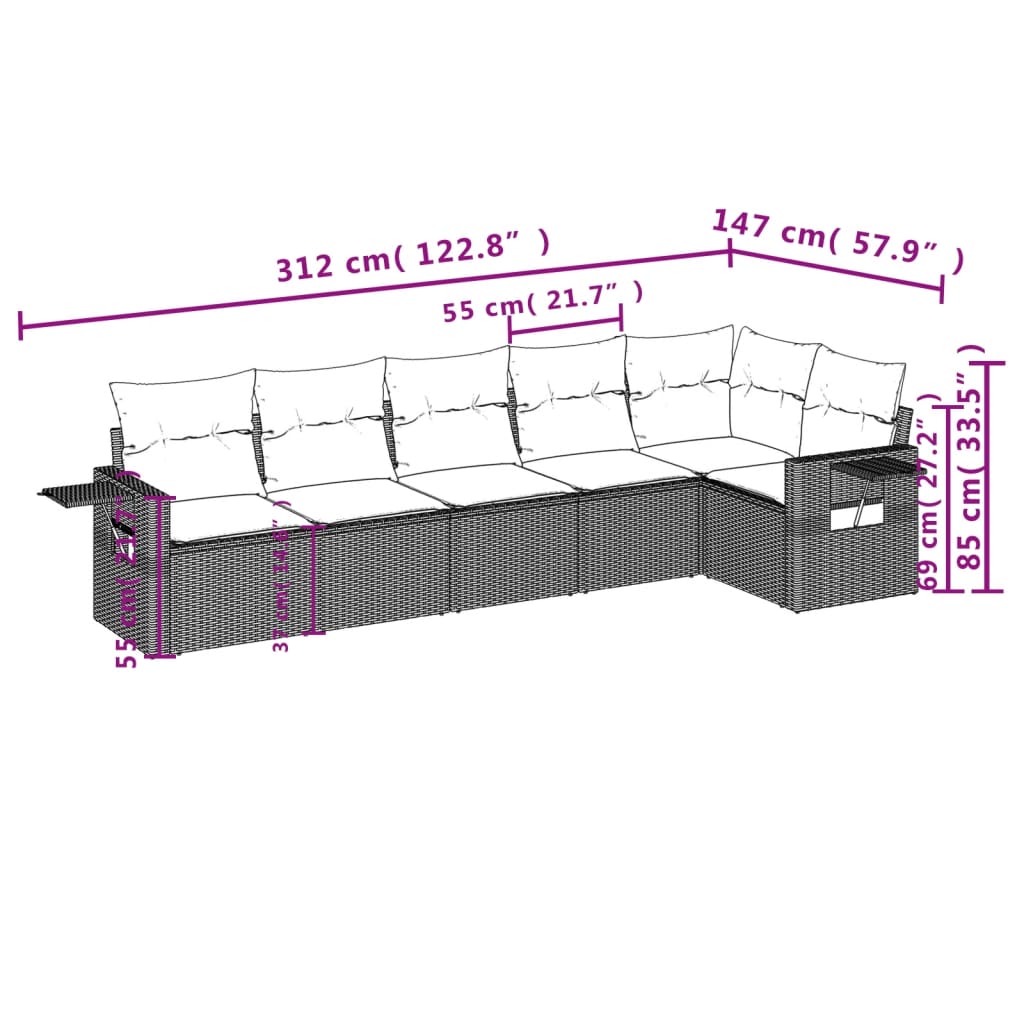 vidaXL 6-delige Loungeset met kussens poly rattan zwart afbeelding