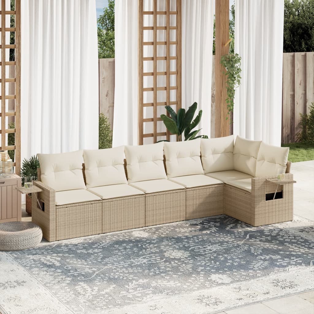 6-tlg. Garten-Sofagarnitur mit Kissen Beige Poly Rattan