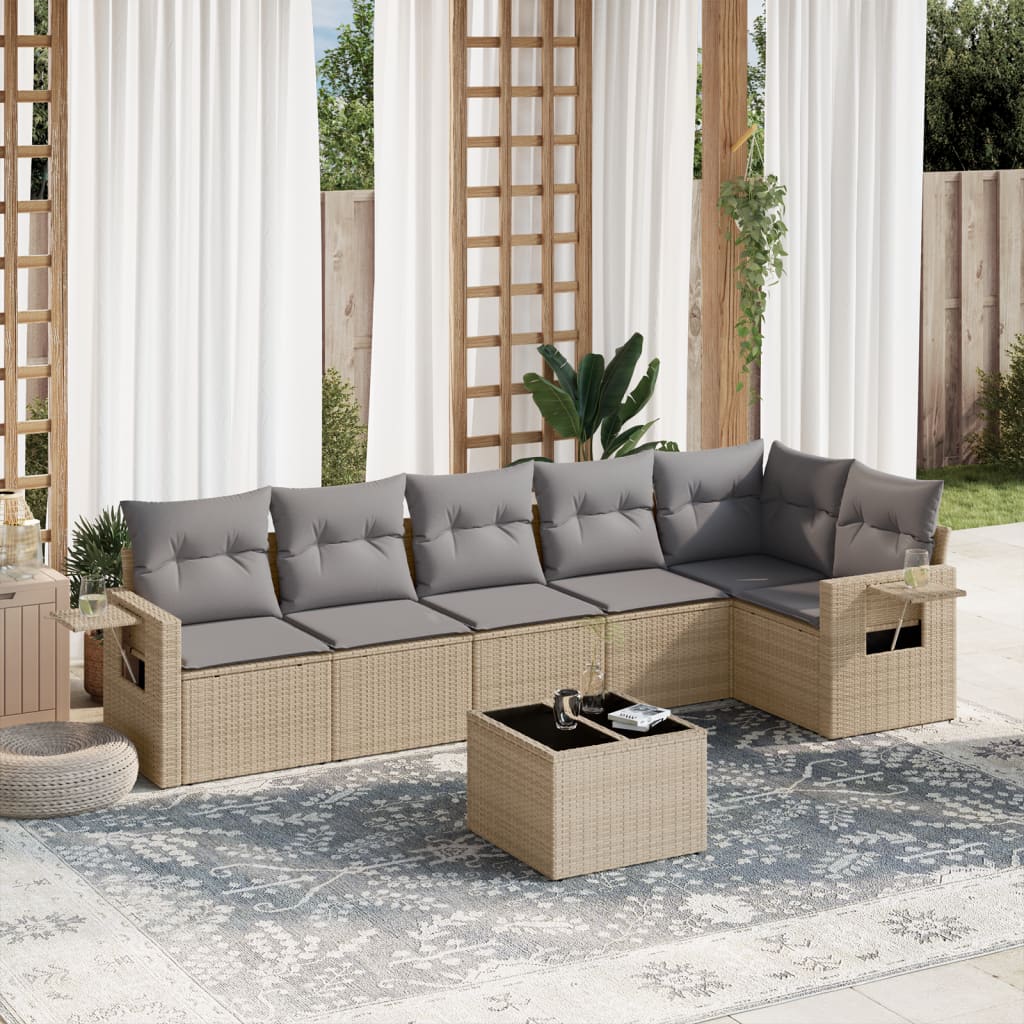 vidaXL 7-tlg. Garten-Sofagarnitur mit Kissen Beige Poly Rattan