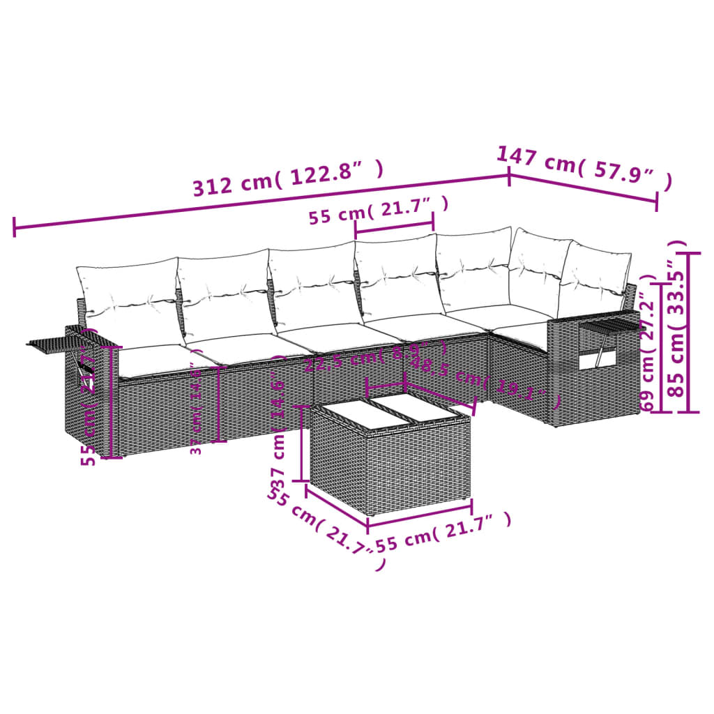 vidaXL 7-delige Loungeset met kussens poly rattan bruin