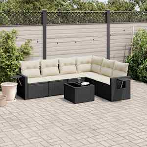 Vrtna sedežna garnitura 7-delna z blazinami črn poli ratan