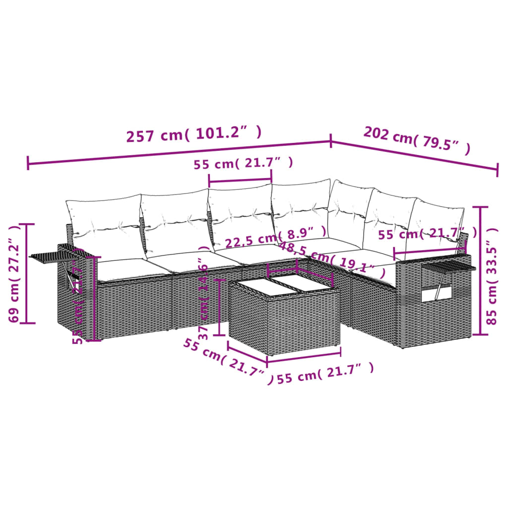 vidaXL 7 pcs conjunto de sofás p/ jardim com almofadões vime PE bege