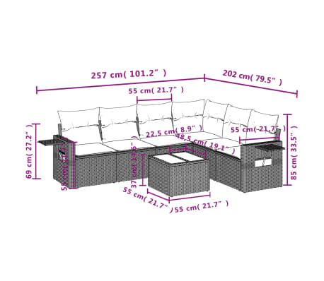 vidaXL 7 pcs conjunto de sofás p/ jardim com almofadões vime PE bege