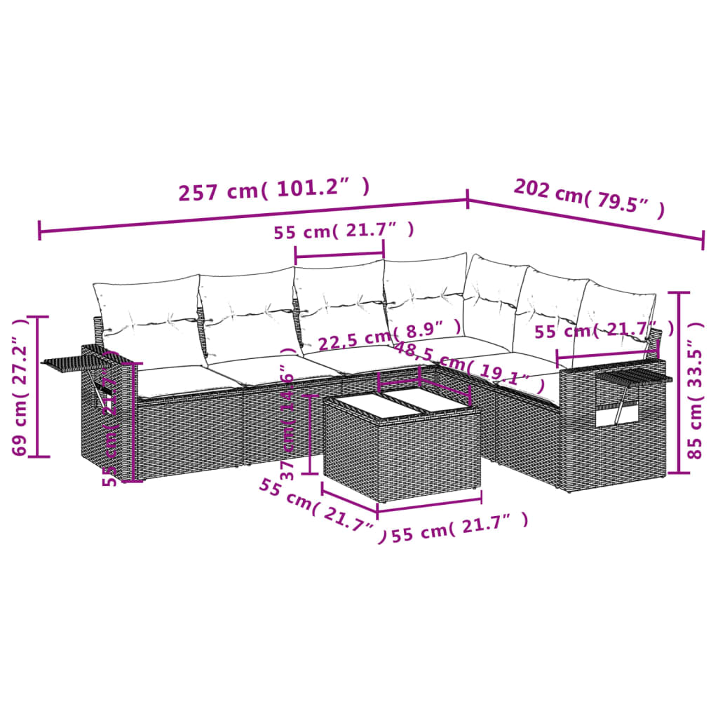 vidaXL 7-delige Loungeset met kussens poly rattan grijs